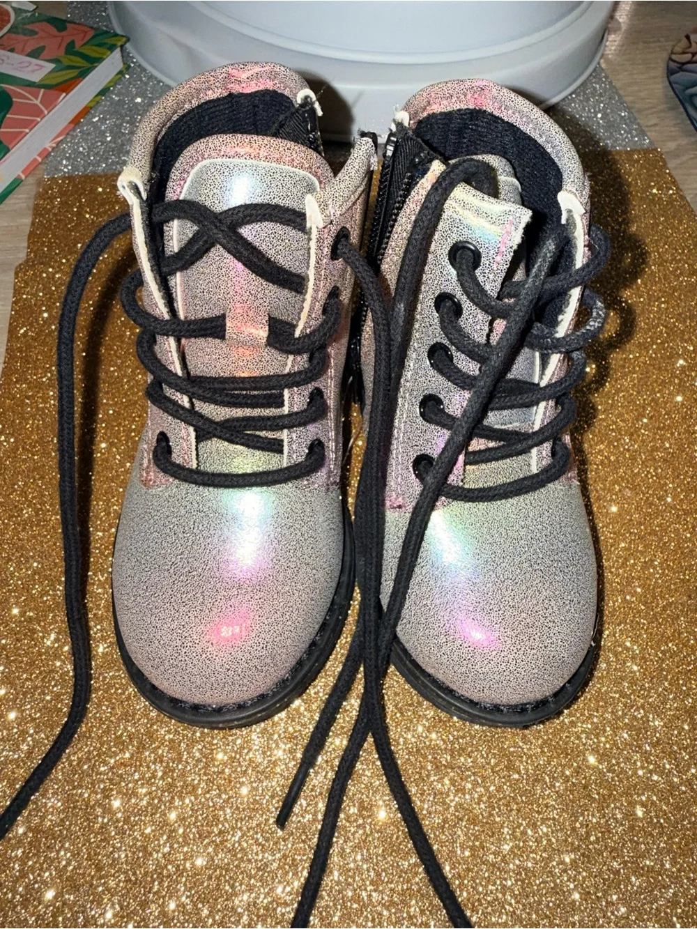 The Children's Place Iridescent Rainbow Glitter Lace-Up Boots with Black Laces